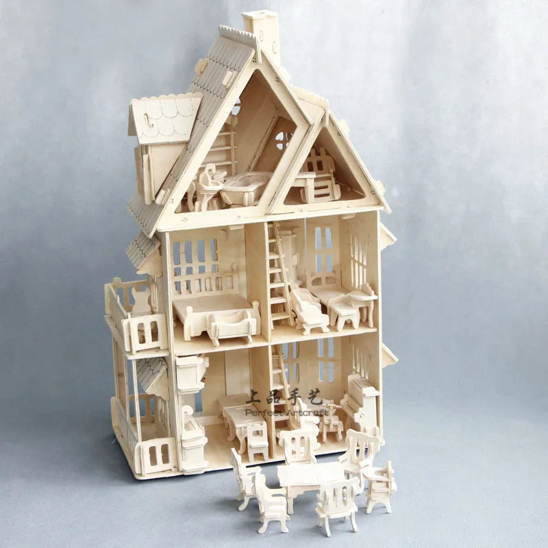 Medinis Lėlių Namas su Baldais | DIY 3D Dėlionė - Miniatiūriniai Baldai Vaikams