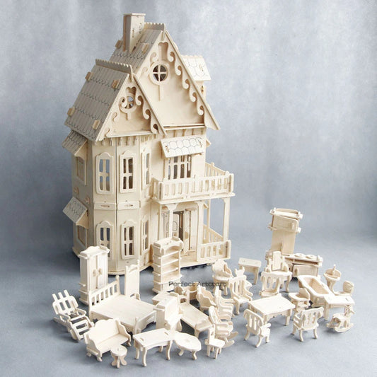 Medinis Lėlių Namas su Baldais | DIY 3D Dėlionė - Miniatiūriniai Baldai Vaikams