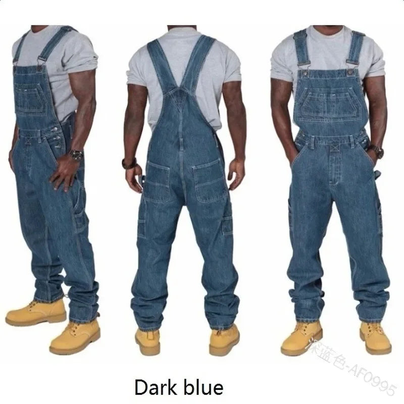 Vyriški Džinsų Kombinezonai 2025 - Rudens Didelio Dydžio Laisvi Ilgi Denim Kelnės su Kišenėmis