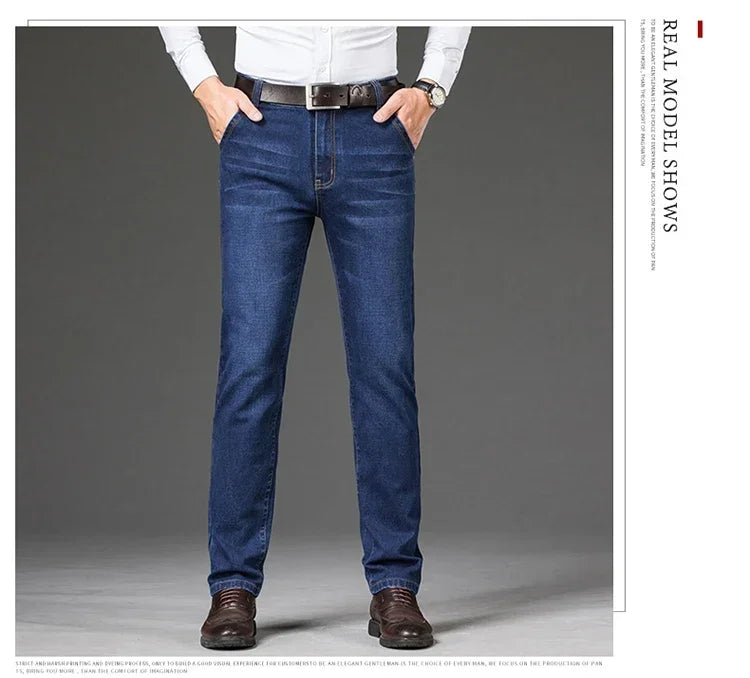 Vyriški Verslo Stiliaus Džinsai Pavasario Rudens Juodi Mėlyni Elastingi Tiesūs Denim Kelnės