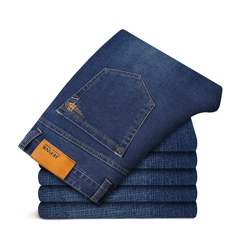Vyriški Verslo Stiliaus Džinsai Pavasario Rudens Juodi Mėlyni Elastingi Tiesūs Denim Kelnės