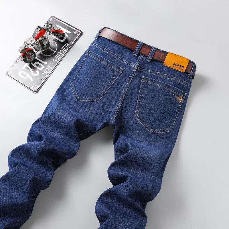 Vyriški Verslo Stiliaus Džinsai Pavasario Rudens Juodi Mėlyni Elastingi Tiesūs Denim Kelnės