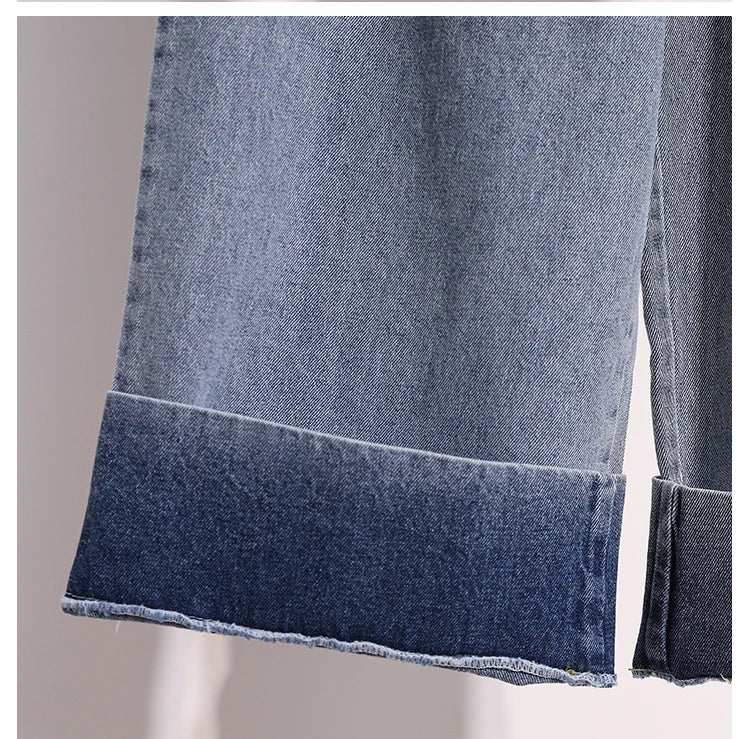 Moteriški Džinsai 2025 Ruduo - Mėlyni Plačių Kojų Aukštu Liemeniu Denim Kelnės