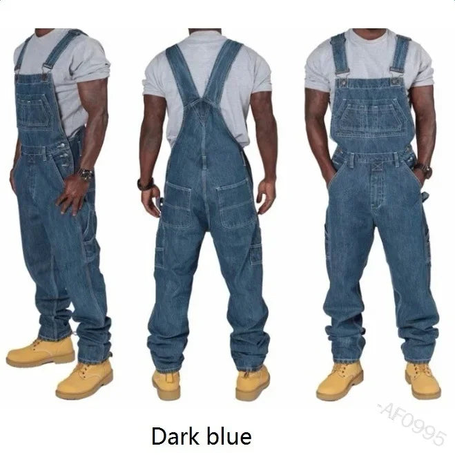Vyriški Džinsų Kombinezonai 2025 - Rudens Didelio Dydžio Laisvi Ilgi Denim Kelnės su Kišenėmis