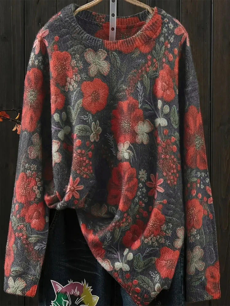 Spausdintų raštų megztinis su crew neck kaklu moterims, laisvas kasualus rudens žiemos viršus