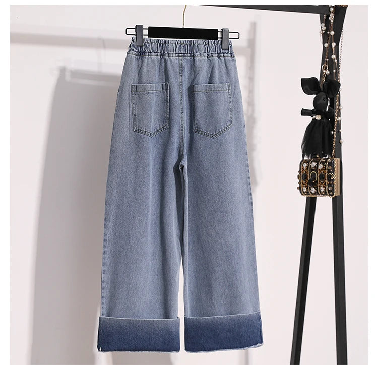 Moteriški Džinsai 2025 Ruduo - Mėlyni Plačių Kojų Aukštu Liemeniu Denim Kelnės