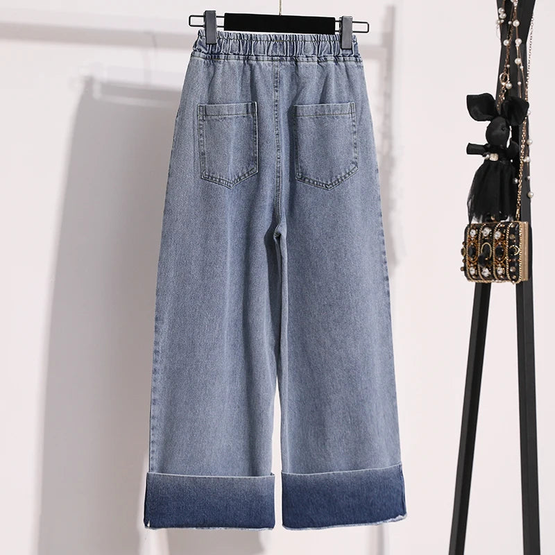 Moteriški Džinsai 2025 Ruduo - Mėlyni Plačių Kojų Aukštu Liemeniu Denim Kelnės