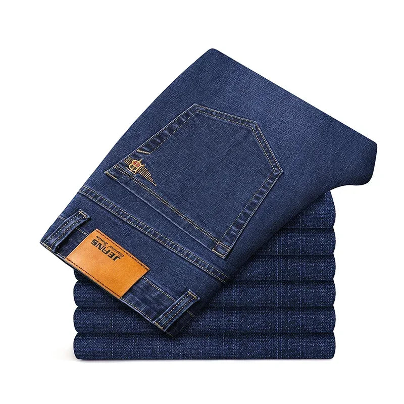 Vyriški Verslo Stiliaus Džinsai Pavasario Rudens Juodi Mėlyni Elastingi Tiesūs Denim Kelnės