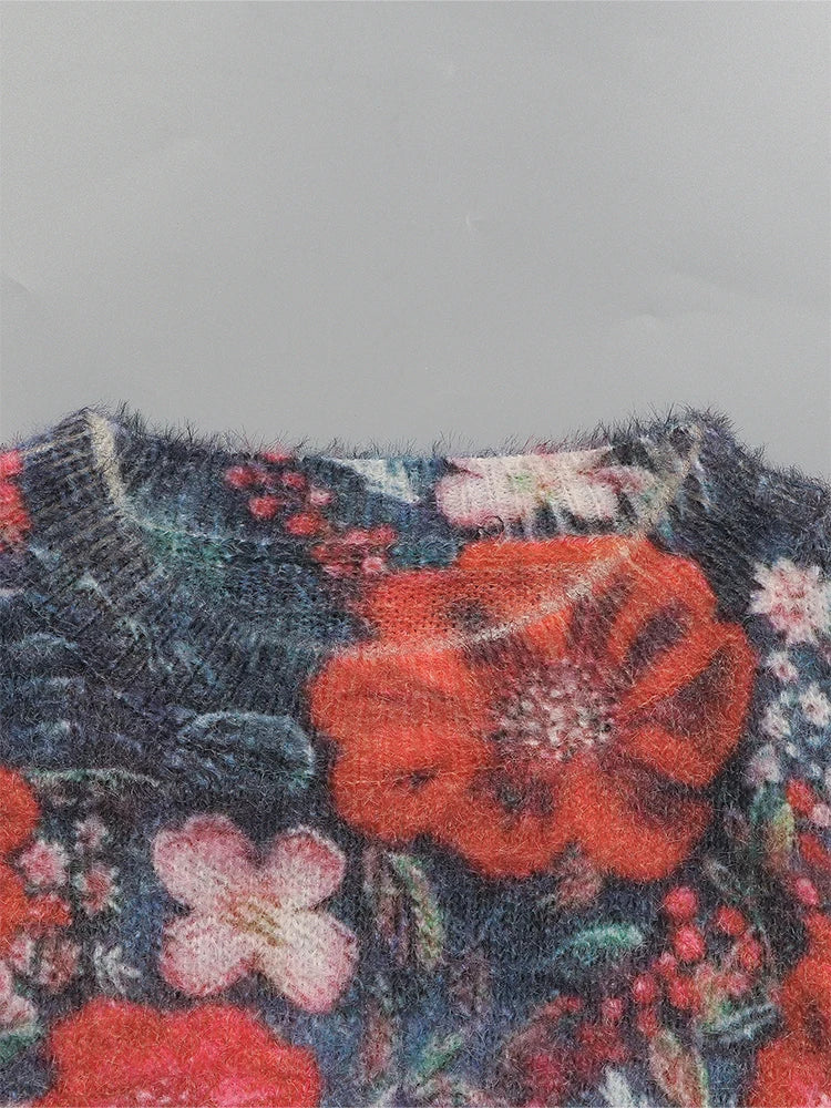 Spausdintų raštų megztinis su crew neck kaklu moterims, laisvas kasualus rudens žiemos viršus
