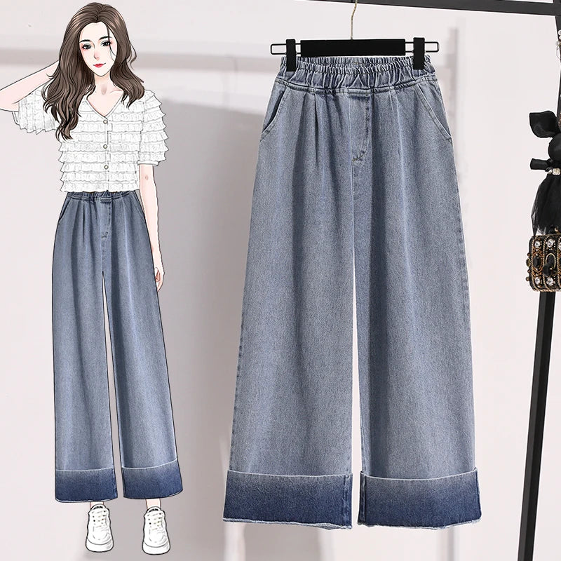 Moteriški Džinsai 2025 Ruduo - Mėlyni Plačių Kojų Aukštu Liemeniu Denim Kelnės