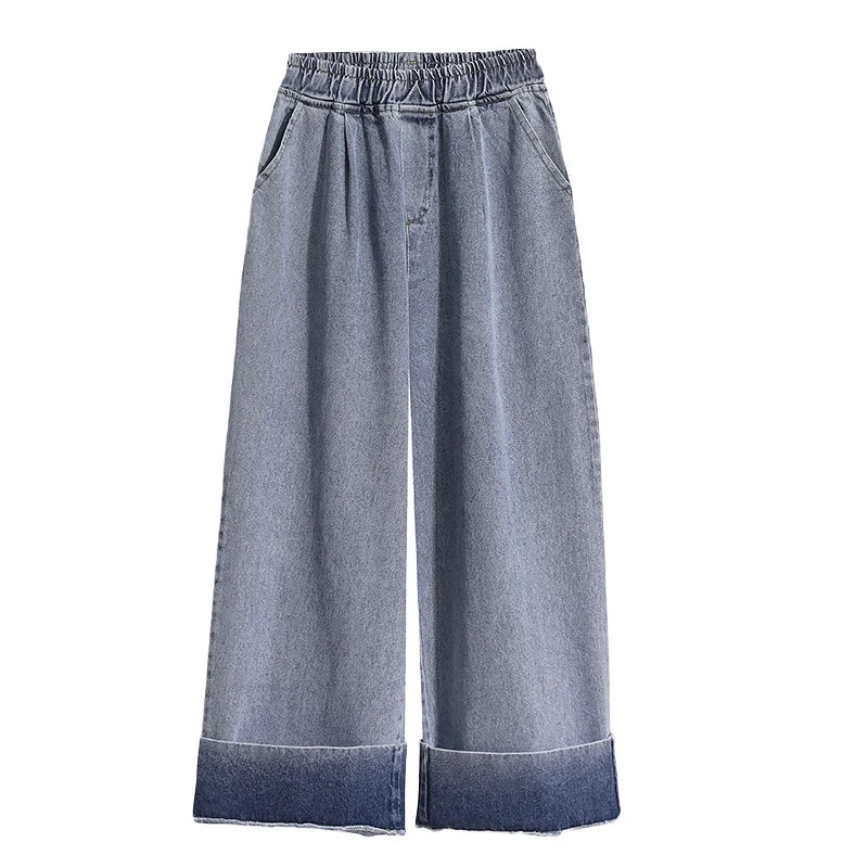 Moteriški Džinsai 2025 Ruduo - Mėlyni Plačių Kojų Aukštu Liemeniu Denim Kelnės