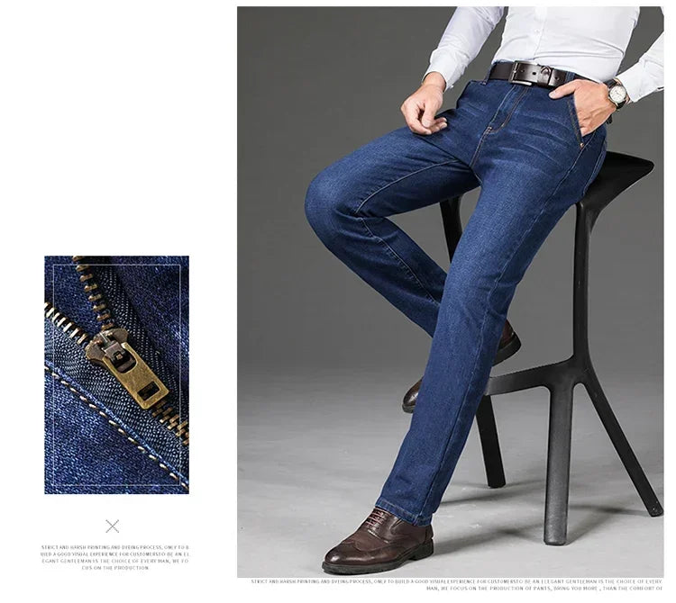 Vyriški Verslo Stiliaus Džinsai Pavasario Rudens Juodi Mėlyni Elastingi Tiesūs Denim Kelnės