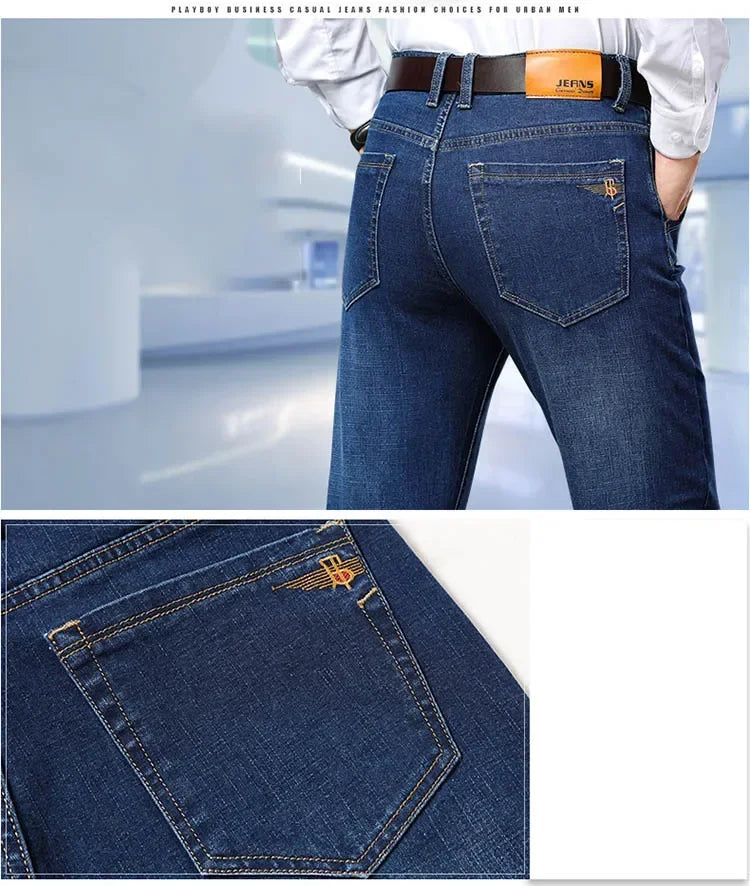 Vyriški Verslo Stiliaus Džinsai Pavasario Rudens Juodi Mėlyni Elastingi Tiesūs Denim Kelnės