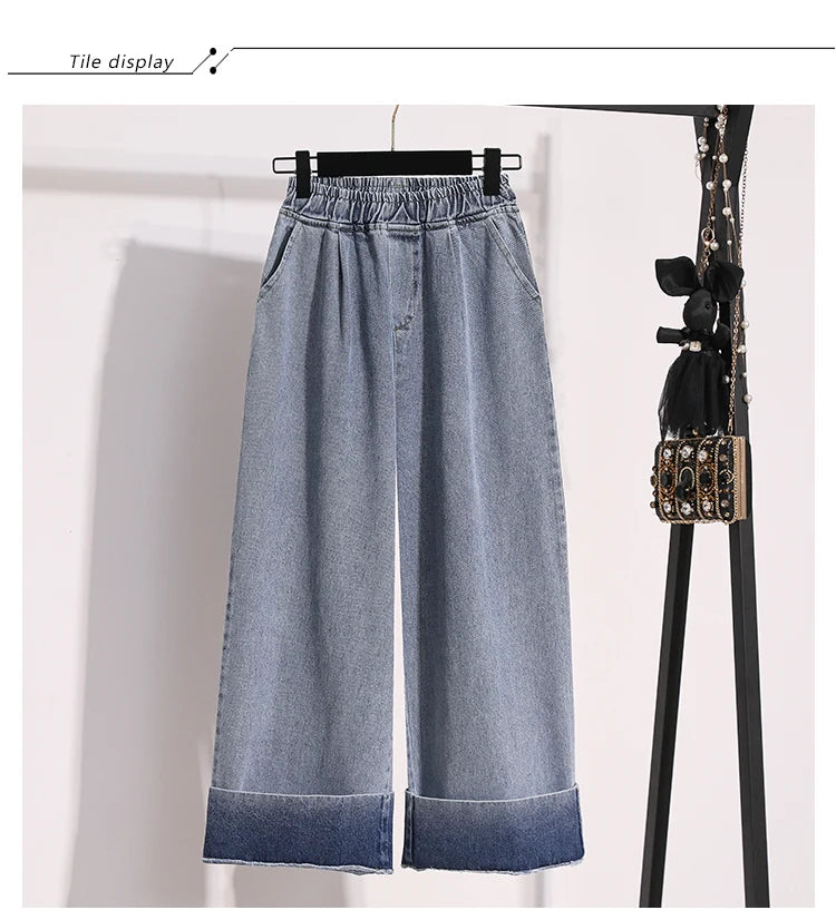 Moteriški Džinsai 2025 Ruduo - Mėlyni Plačių Kojų Aukštu Liemeniu Denim Kelnės