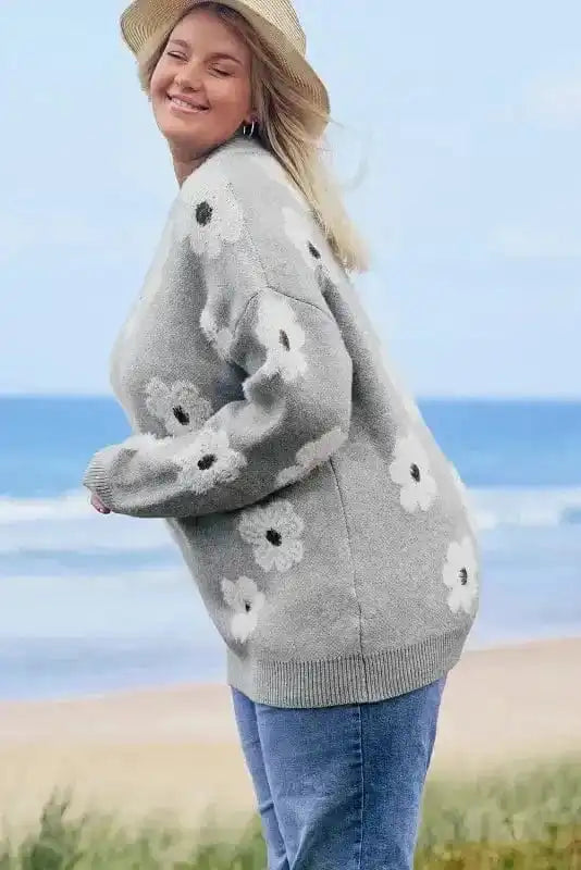 CozyBloom Moterų Didesnių Dydžių Gėlėtas Megztinis su Pusiau Užtrauktuku