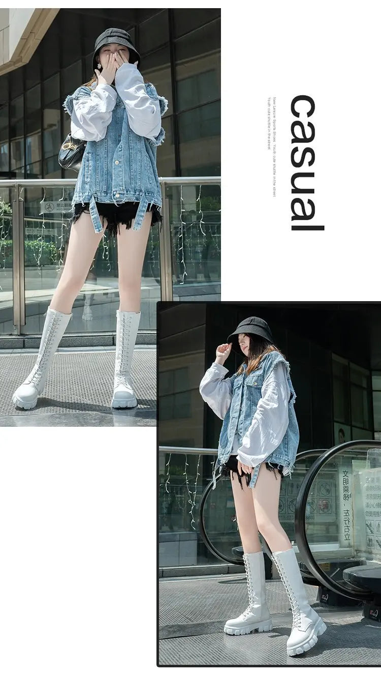 Žieminiai Ilgi Batai Moterims - Balti PU Oda - Aukštinantys -