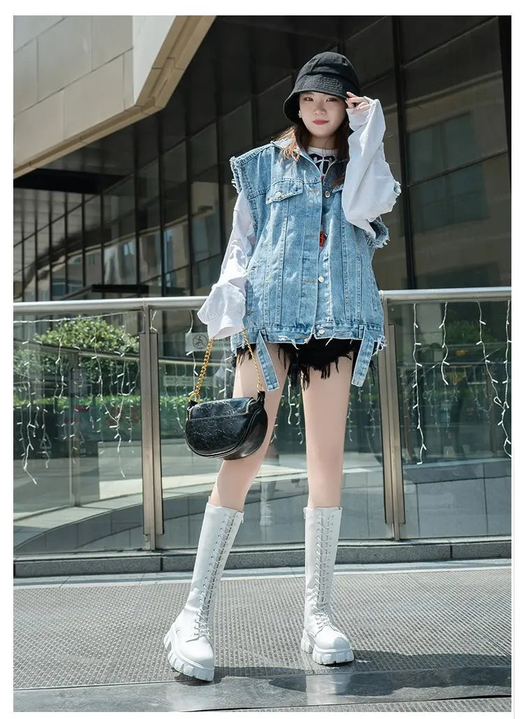 Žieminiai Ilgi Batai Moterims - Balti PU Oda - Aukštinantys -