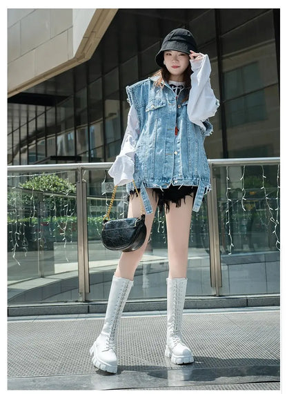 Žieminiai Ilgi Batai Moterims - Balti PU Oda - Aukštinantys -