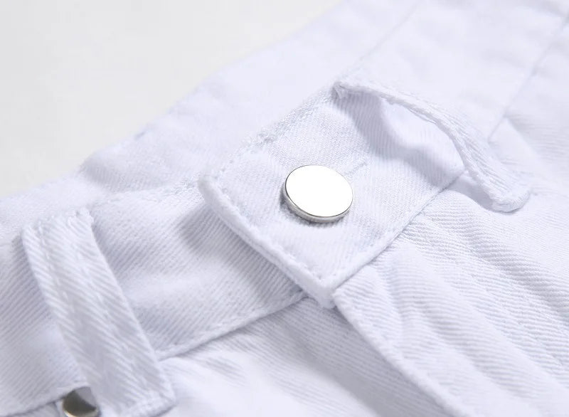 Vyriški Balti Skinny Džinsai - Slim Fit Biker Džinsai Motociklininkų Stiliaus