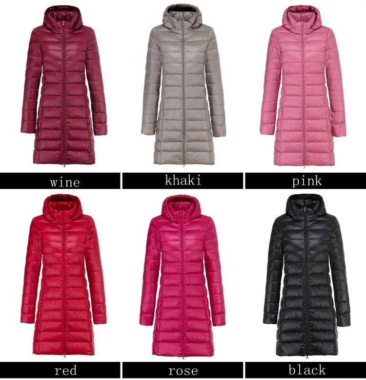 Moteriška Ilga Žieminė Striukė su Gobtuku - Ultra Lengva Pūkinė Striukė