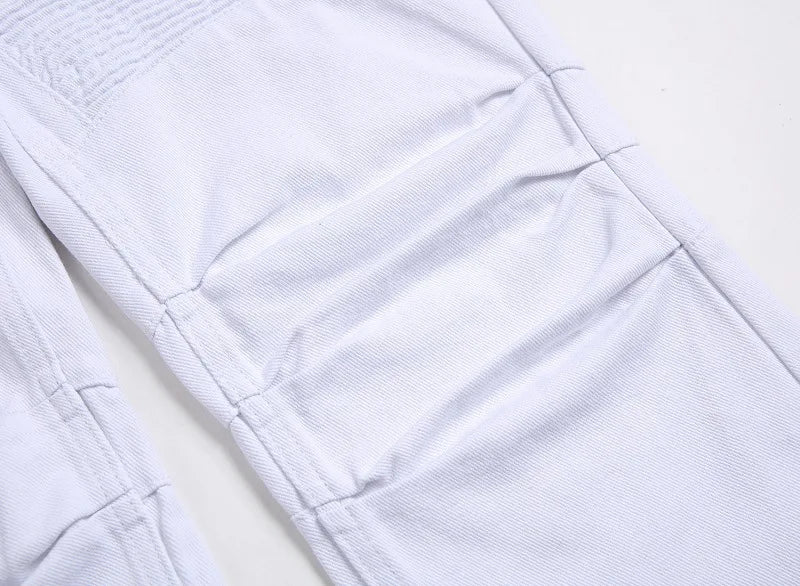 Vyriški Balti Skinny Džinsai - Slim Fit Biker Džinsai Motociklininkų Stiliaus