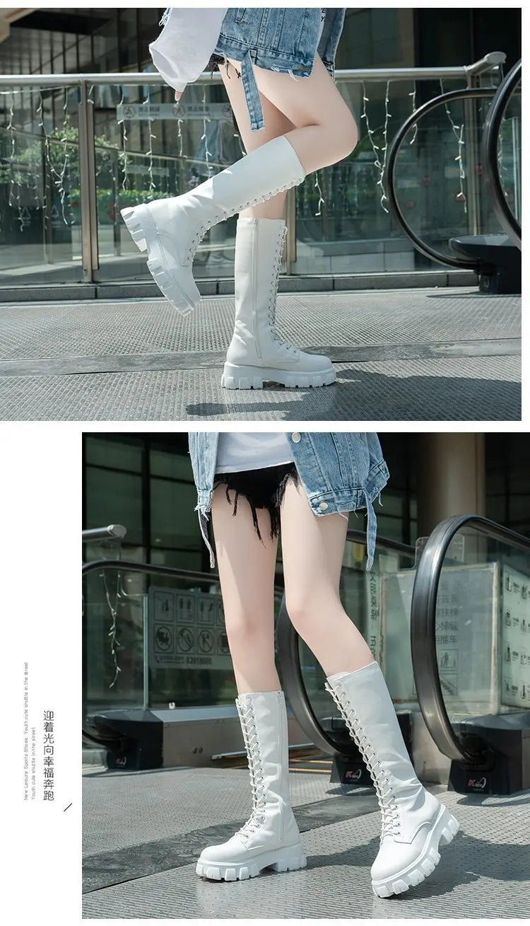 Žieminiai Ilgi Batai Moterims - Balti PU Oda - Aukštinantys -