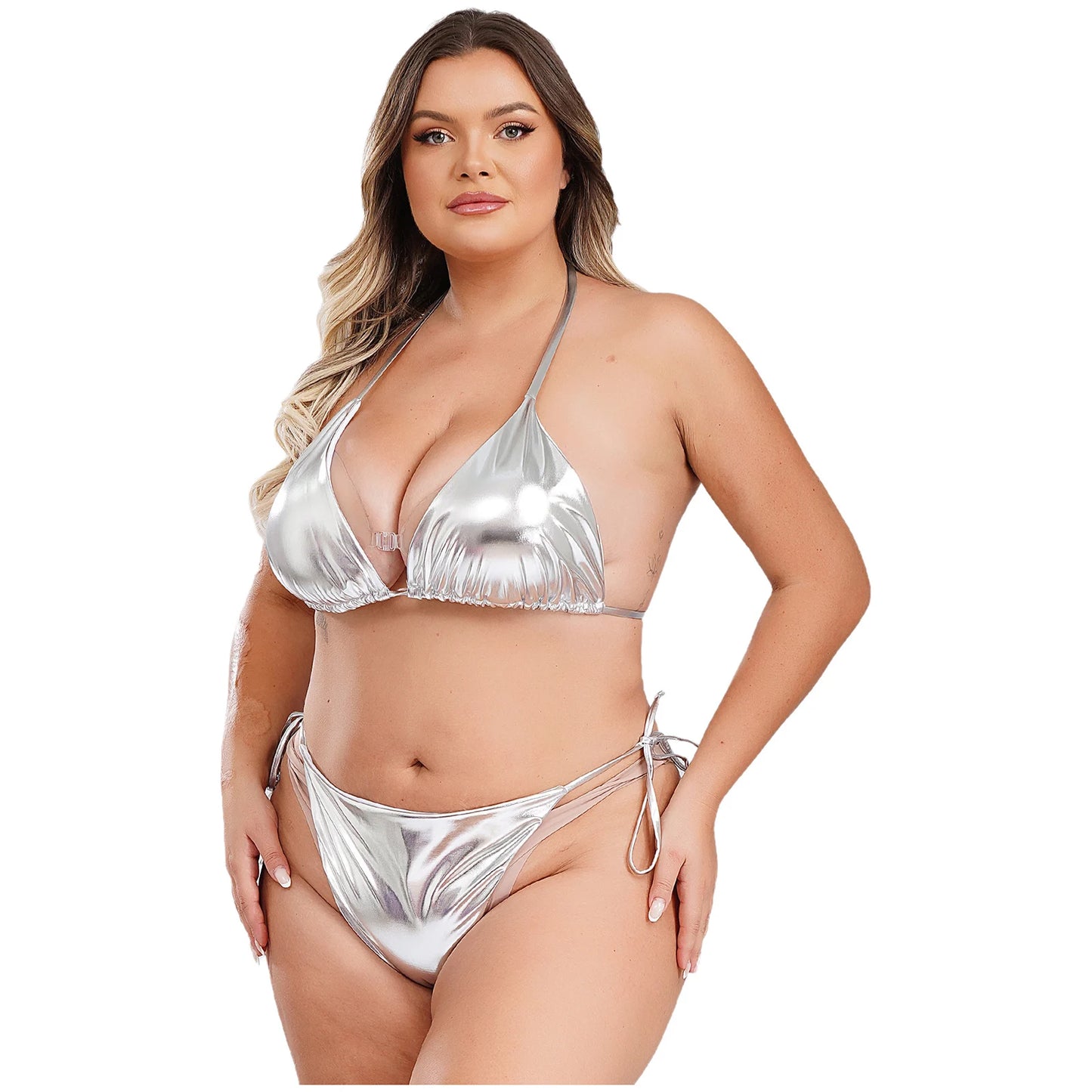 Moteriškas Blizgantis Bikini Dideliems Dydžiams - Metalinė Maudymosi Apranga S-4XL