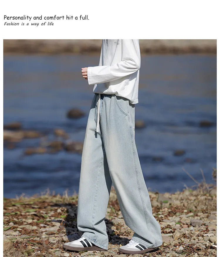 Vyriški Klasikiniai Džinsai - Laisvi Platūs Ilgi su Elastingu Liemeniu