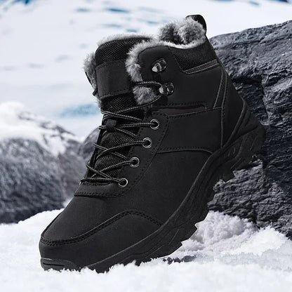 Winter Mens Boots Leather Mens Snow Boots Plush Warm Work Boots Outdoor Hiking Climbing Shoes Waterproof Non-slip Ankle Boots