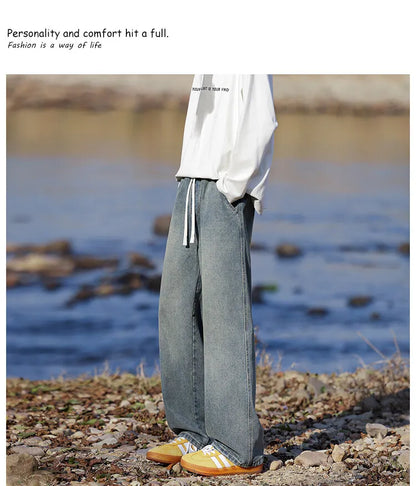 Vyriški Klasikiniai Džinsai - Laisvi Platūs Ilgi su Elastingu Liemeniu