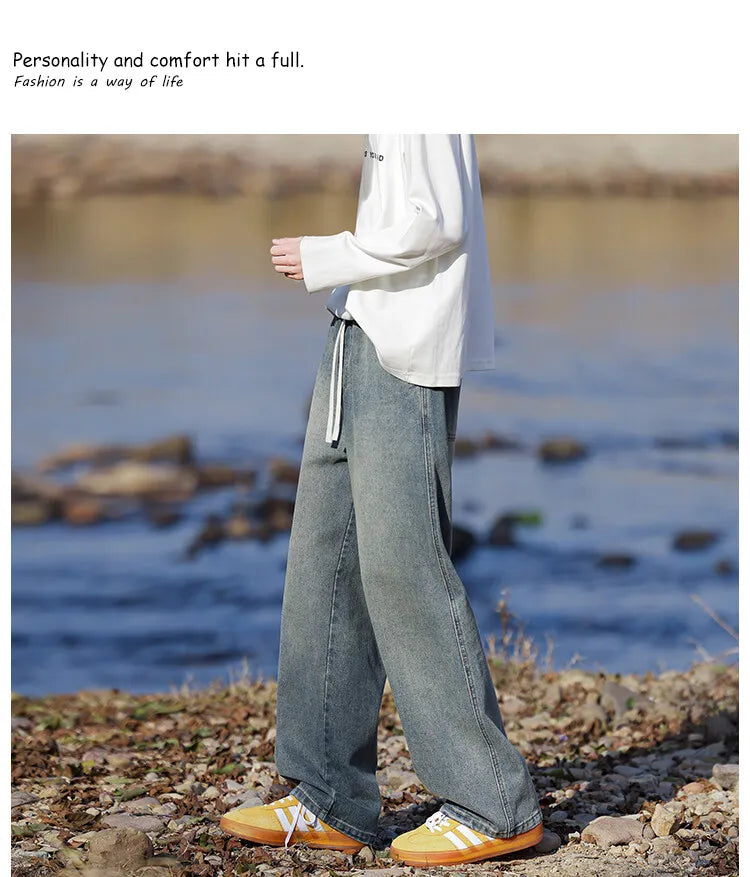 Vyriški Klasikiniai Džinsai - Laisvi Platūs Ilgi su Elastingu Liemeniu