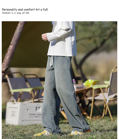 Vyriški Klasikiniai Džinsai - Laisvi Platūs Ilgi su Elastingu Liemeniu