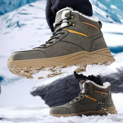 Winter Mens Boots Leather Mens Snow Boots Plush Warm Work Boots Outdoor Hiking Climbing Shoes Waterproof Non-slip Ankle Boots