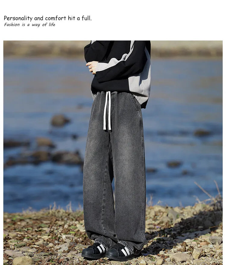 Vyriški Klasikiniai Džinsai - Laisvi Platūs Ilgi su Elastingu Liemeniu