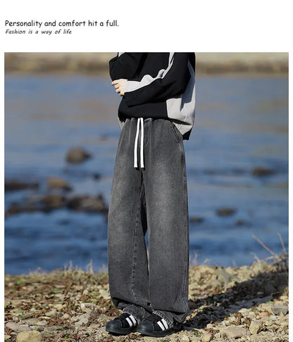 Vyriški Klasikiniai Džinsai - Laisvi Platūs Ilgi su Elastingu Liemeniu