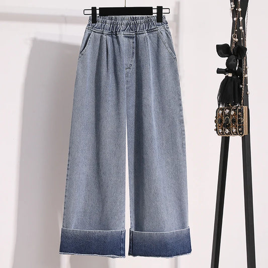 Moteriški Džinsai 2025 Ruduo - Mėlyni Plačių Kojų Aukštu Liemeniu Denim Kelnės