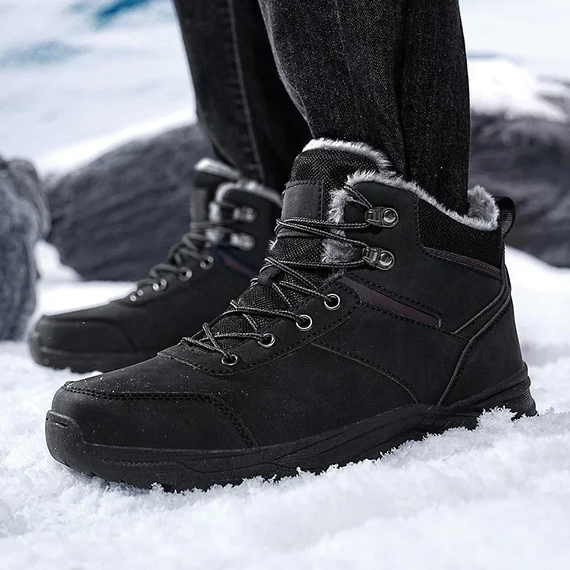Winter Mens Boots Leather Mens Snow Boots Plush Warm Work Boots Outdoor Hiking Climbing Shoes Waterproof Non-slip Ankle Boots