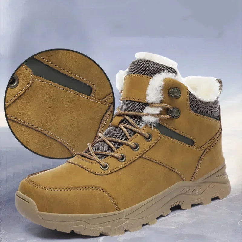 Winter Mens Boots Leather Mens Snow Boots Plush Warm Work Boots Outdoor Hiking Climbing Shoes Waterproof Non-slip Ankle Boots