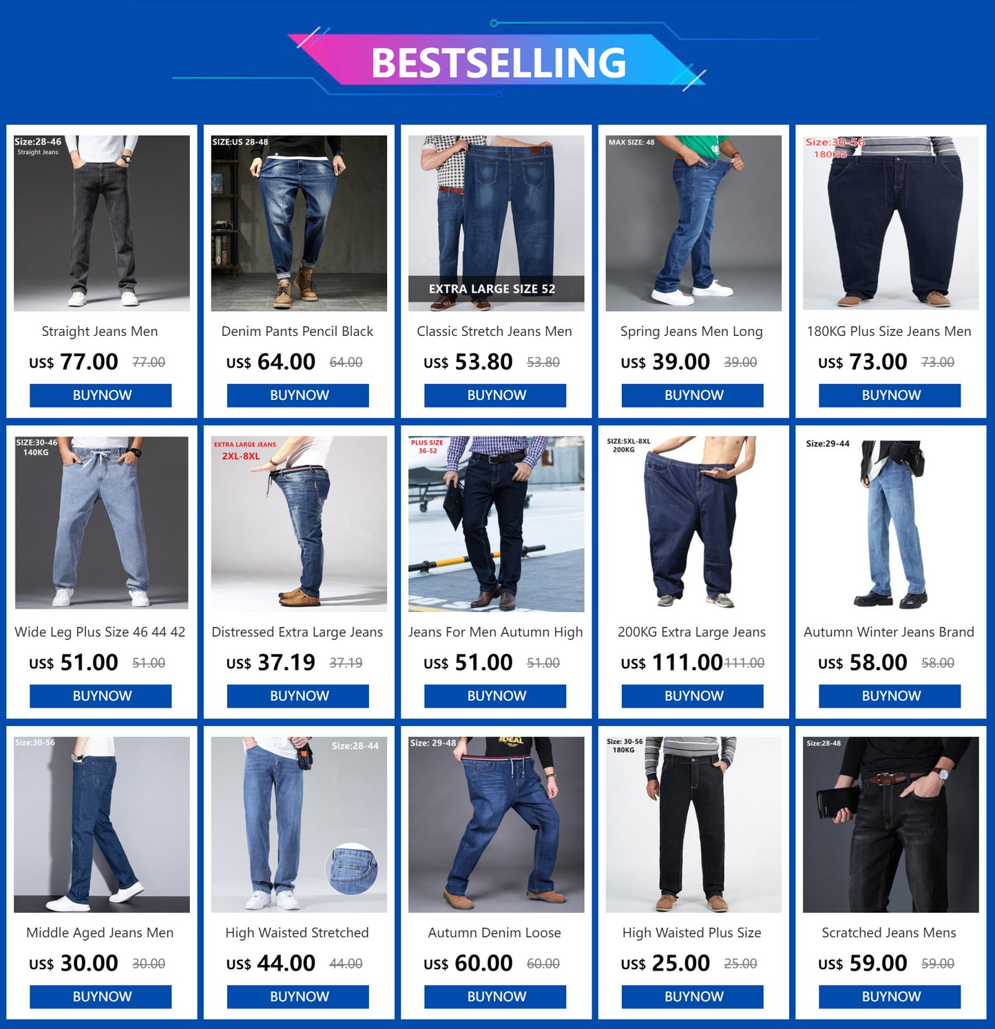 Vyriški Džinsai Didelių Dydžių iki 180KG - Tiesūs Aukštu Liemeniu Dad Džinsai