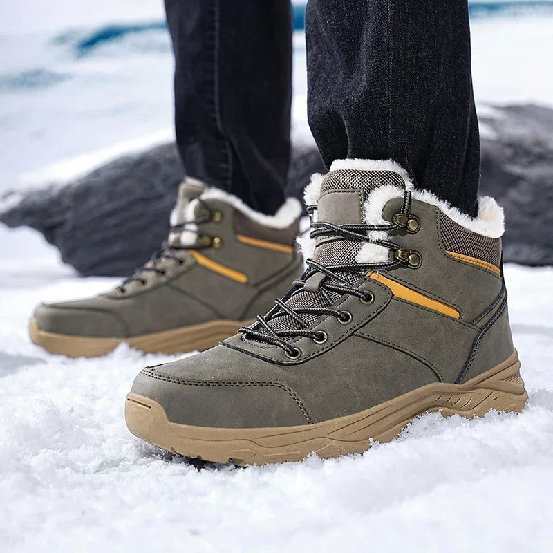 Winter Mens Boots Leather Mens Snow Boots Plush Warm Work Boots Outdoor Hiking Climbing Shoes Waterproof Non-slip Ankle Boots