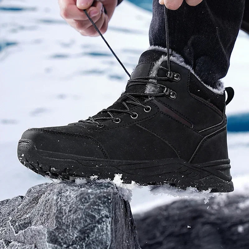 Winter Mens Boots Leather Mens Snow Boots Plush Warm Work Boots Outdoor Hiking Climbing Shoes Waterproof Non-slip Ankle Boots