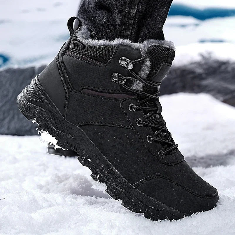 Winter Mens Boots Leather Mens Snow Boots Plush Warm Work Boots Outdoor Hiking Climbing Shoes Waterproof Non-slip Ankle Boots