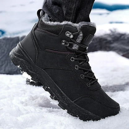 Winter Mens Boots Leather Mens Snow Boots Plush Warm Work Boots Outdoor Hiking Climbing Shoes Waterproof Non-slip Ankle Boots
