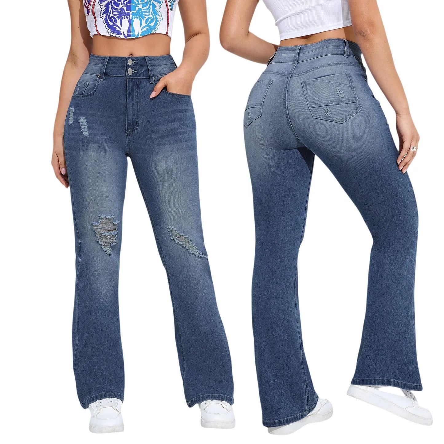 Moterų Džinsai su Klešomis - Bell Bottom Tiesios Kojos  Darbo Kelnės