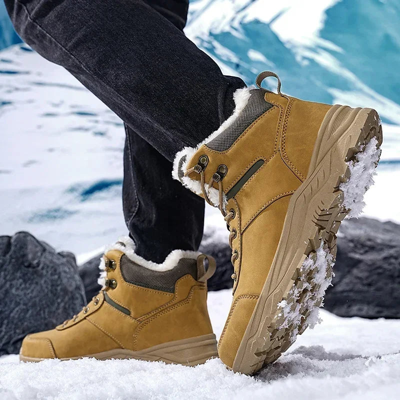 Winter Mens Boots Leather Mens Snow Boots Plush Warm Work Boots Outdoor Hiking Climbing Shoes Waterproof Non-slip Ankle Boots