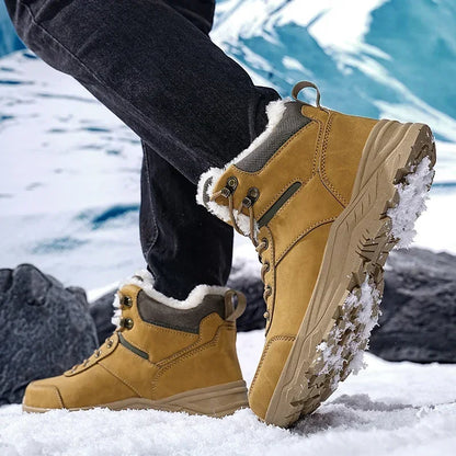 Winter Mens Boots Leather Mens Snow Boots Plush Warm Work Boots Outdoor Hiking Climbing Shoes Waterproof Non-slip Ankle Boots