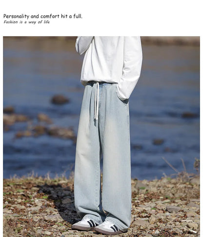 Vyriški Klasikiniai Džinsai - Laisvi Platūs Ilgi su Elastingu Liemeniu