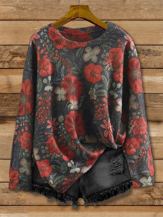 Spausdintų raštų megztinis su crew neck kaklu moterims, laisvas kasualus rudens žiemos viršus