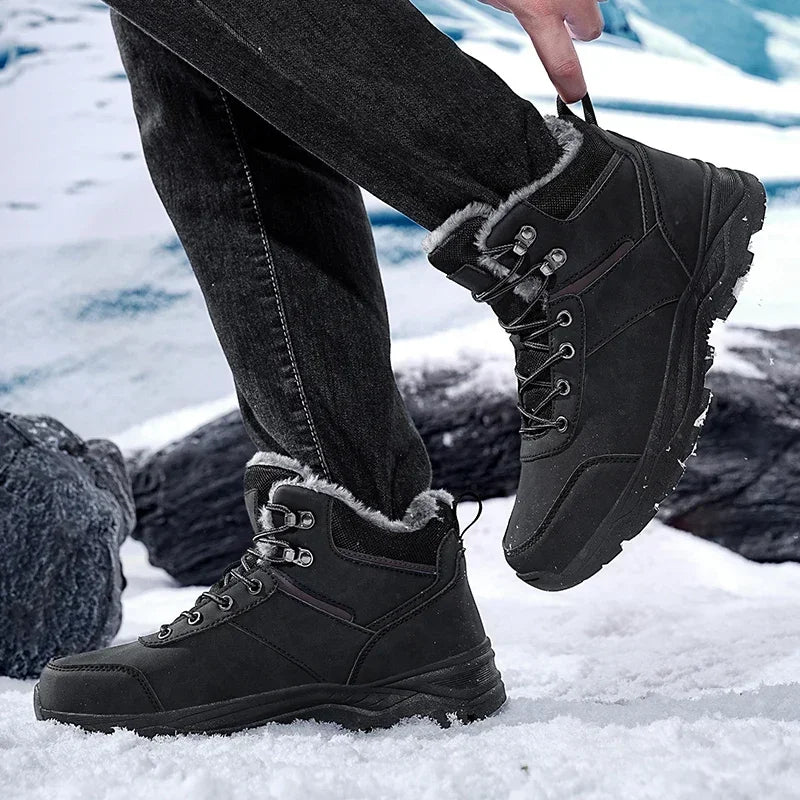 Winter Mens Boots Leather Mens Snow Boots Plush Warm Work Boots Outdoor Hiking Climbing Shoes Waterproof Non-slip Ankle Boots