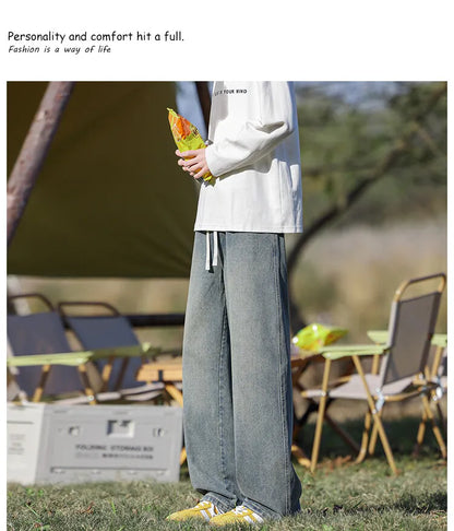 Vyriški Klasikiniai Džinsai - Laisvi Platūs Ilgi su Elastingu Liemeniu